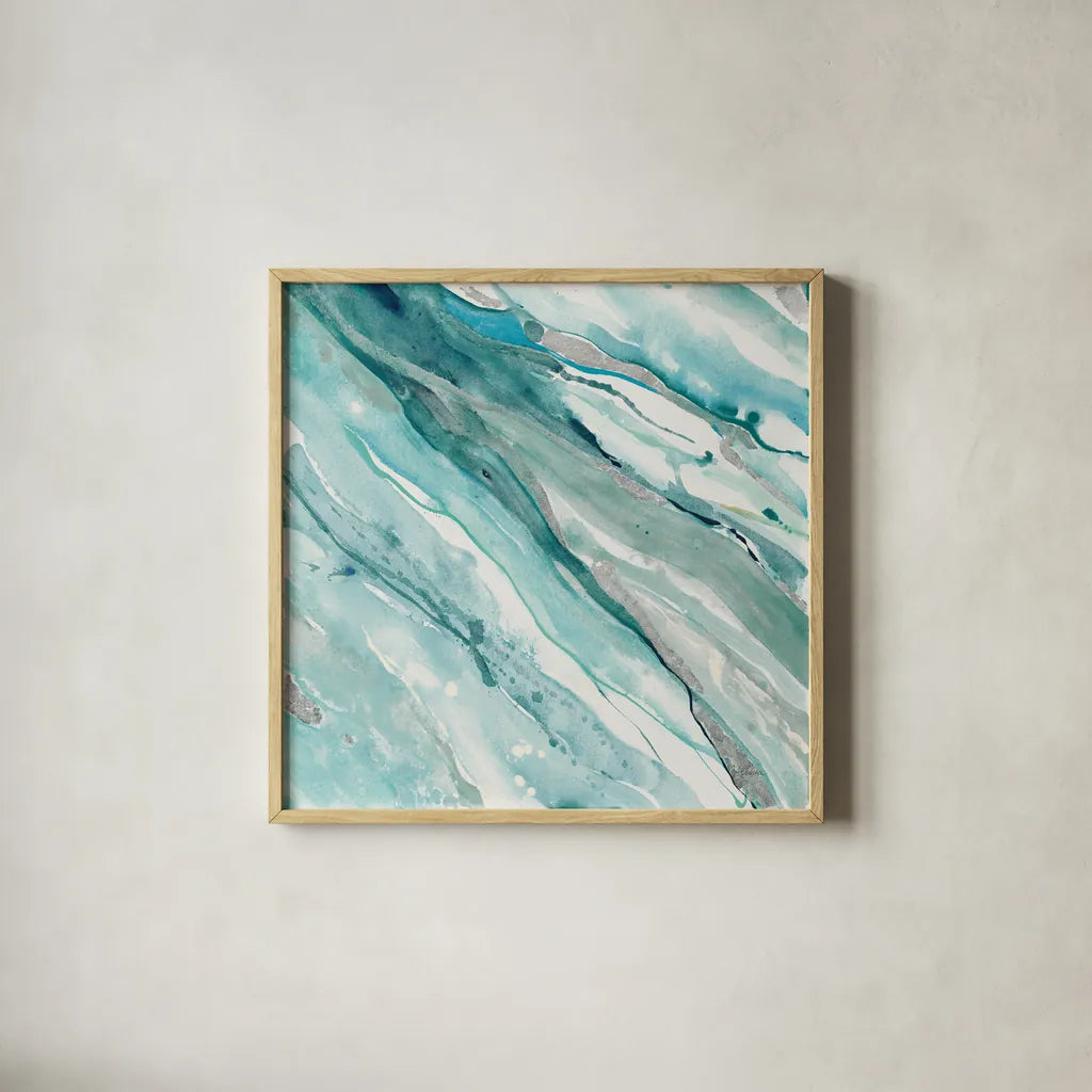 Silver Springs II Blue Green by Albena Hristova. Shown in a natural wood glass frame for a timeless modern aesthetic. Available as an archival giclee rolled canvas, fine art paper, or poster print. SKU 44872a.