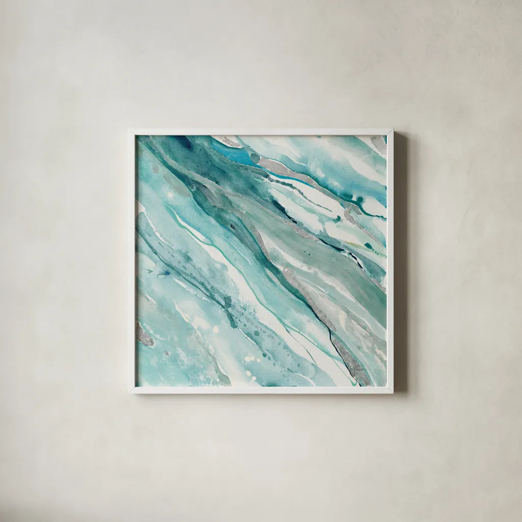 Silver Springs II Blue Green by Albena Hristova. Shown in a crisp white glass frame for a clean and minimalist style. Available as an archival giclee rolled canvas, fine art paper, or poster print. SKU 44872a.