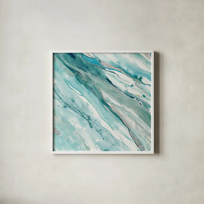 Silver Springs II Blue Green by Albena Hristova. Shown in a crisp white glass frame for a clean and minimalist style. Available as an archival giclee rolled canvas, fine art paper, or poster print. SKU 44872a.