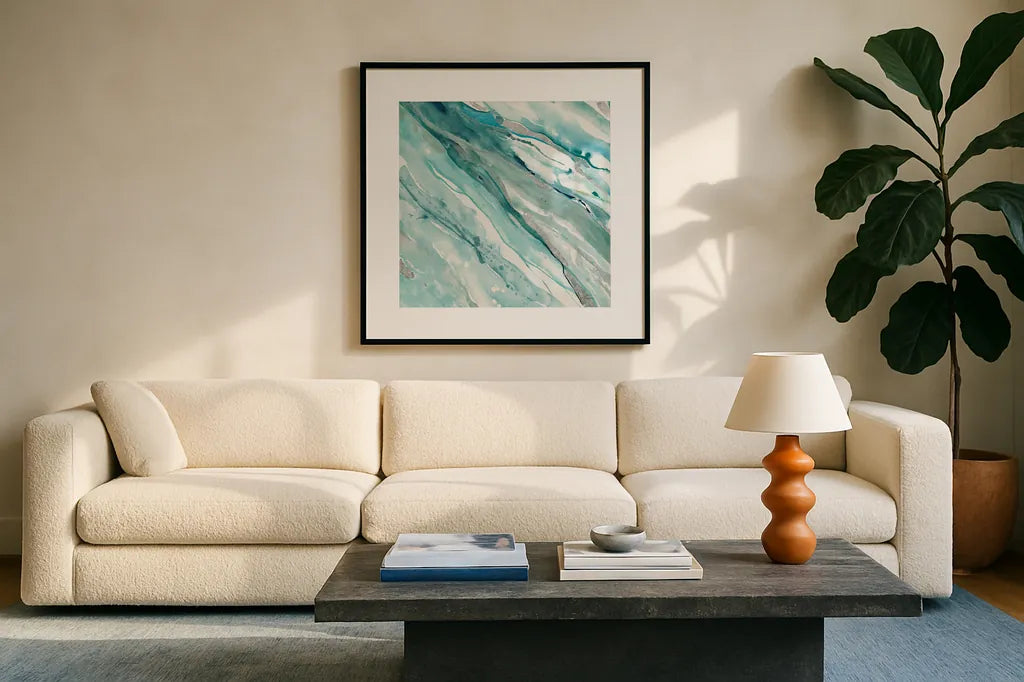 Silver Springs II Blue Green by Albena Hristova. Displayed in a glass frame with matte in a clean modern living room. Available as an archival giclee rolled canvas, fine art paper, or poster print. SKU 44872a.