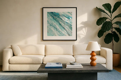 Silver Springs II Blue Green by Albena Hristova. Displayed in a glass frame with matte in a clean modern living room. Available as an archival giclee rolled canvas, fine art paper, or poster print. SKU 44872a.