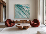 Silver Springs II Blue Green by Albena Hristova. Shown as extra-large giant wall art in a modern living room. Available as an archival giclee rolled canvas, fine art paper, or poster print. SKU 44872a.