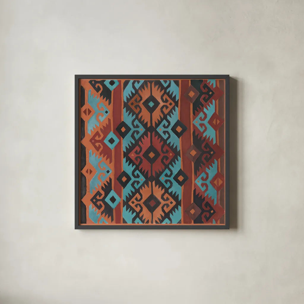 Southwest Pattern II v2 by Albena Hristova. Shown in a sleek black glass frame for a contemporary gallery look. Available as an archival giclee rolled canvas, fine art paper, or poster print. SKU 74920a.