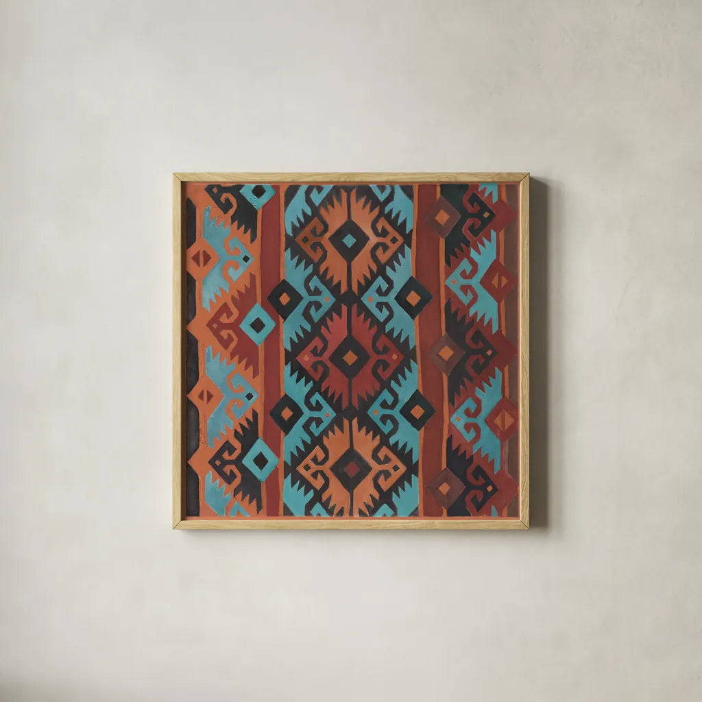 Southwest Pattern II v2 by Albena Hristova. Shown in a natural wood glass frame for a timeless modern aesthetic. Available as an archival giclee rolled canvas, fine art paper, or poster print. SKU 74920a.