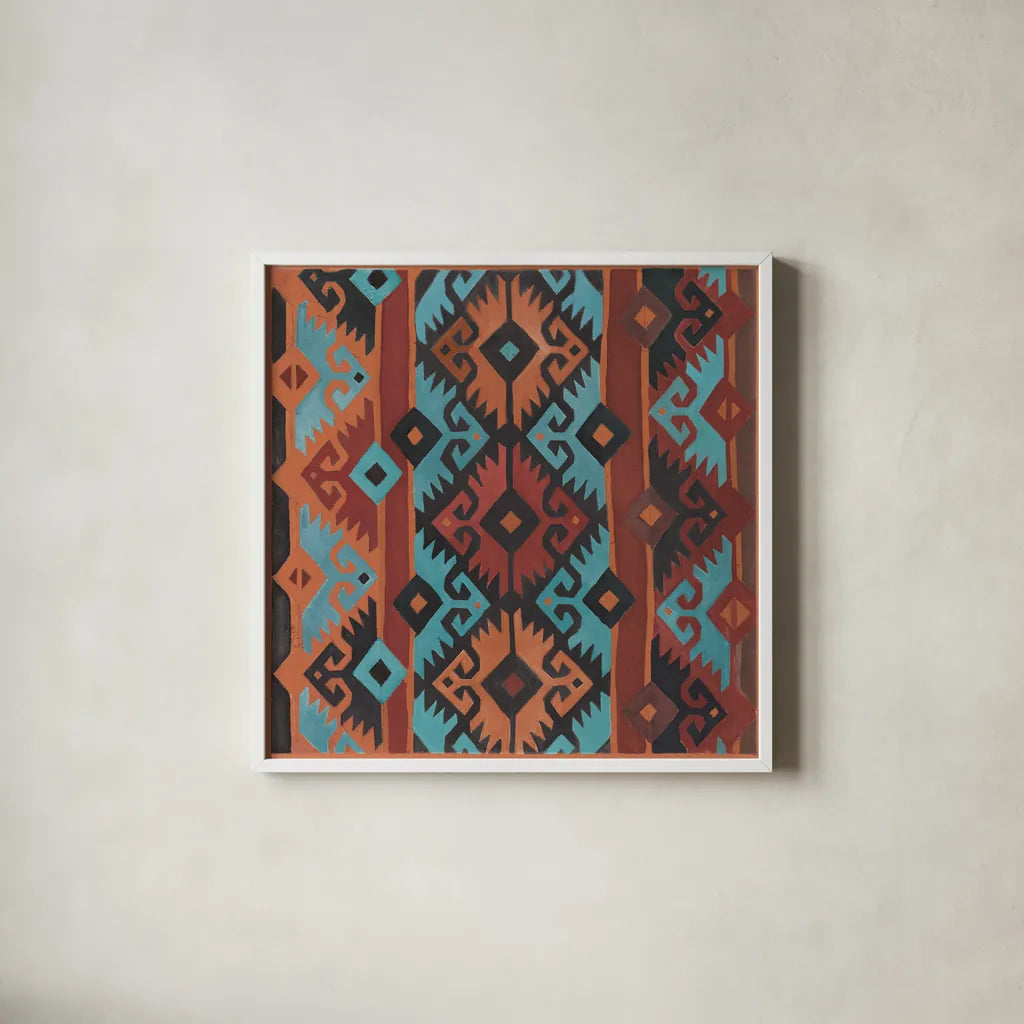 Southwest Pattern II v2 by Albena Hristova. Shown in a crisp white glass frame for a clean and minimalist style. Available as an archival giclee rolled canvas, fine art paper, or poster print. SKU 74920a.