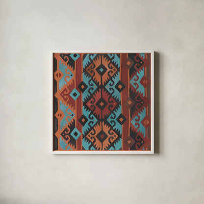 Southwest Pattern II v2 by Albena Hristova. Shown in a crisp white glass frame for a clean and minimalist style. Available as an archival giclee rolled canvas, fine art paper, or poster print. SKU 74920a.