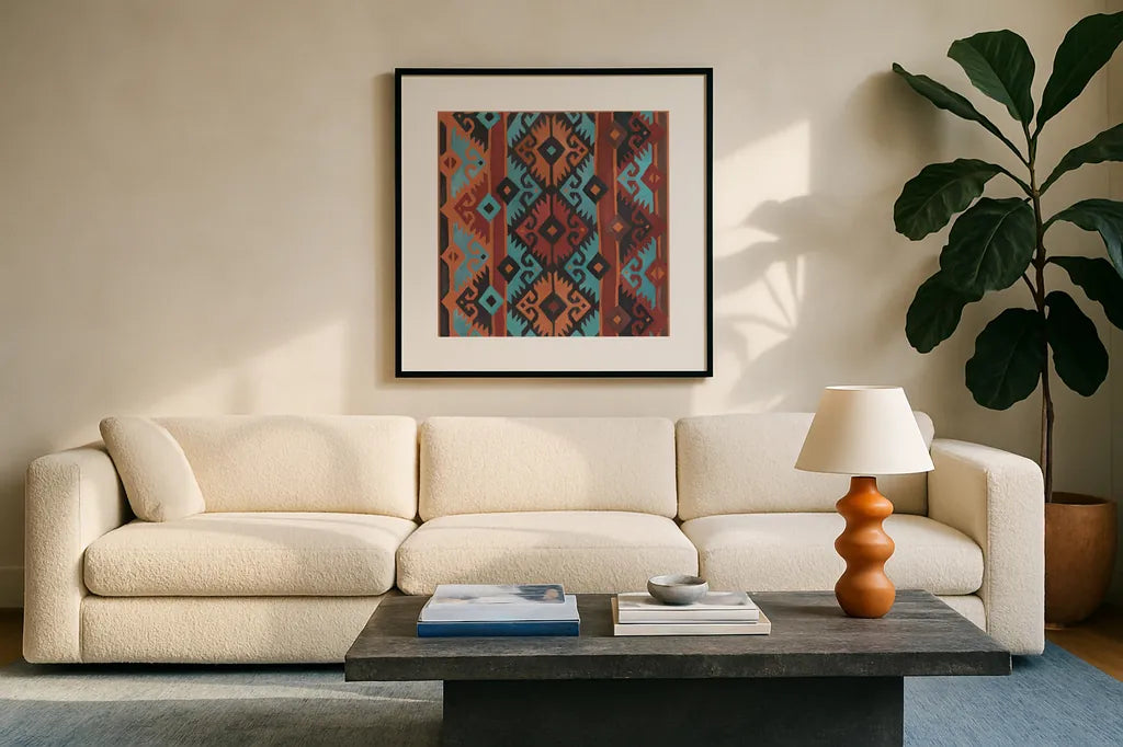 Southwest Pattern II v2 by Albena Hristova. Displayed in a glass frame with matte in a clean modern living room. Available as an archival giclee rolled canvas, fine art paper, or poster print. SKU 74920a.