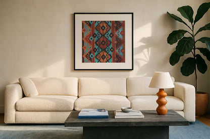 Southwest Pattern II v2 by Albena Hristova. Displayed in a glass frame with matte in a clean modern living room. Available as an archival giclee rolled canvas, fine art paper, or poster print. SKU 74920a.