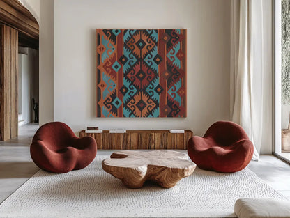 Southwest Pattern II v2 by Albena Hristova. Shown as extra-large giant wall art in a modern living room. Available as an archival giclee rolled canvas, fine art paper, or poster print. SKU 74920a.