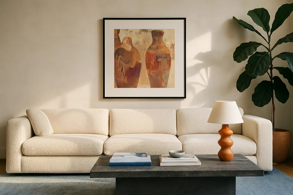 Southwestern Vessels II by Albena Hristova. Displayed in a glass frame with matte in a clean modern living room. Available as an archival giclee rolled canvas, fine art paper, or poster print. SKU 25636a.