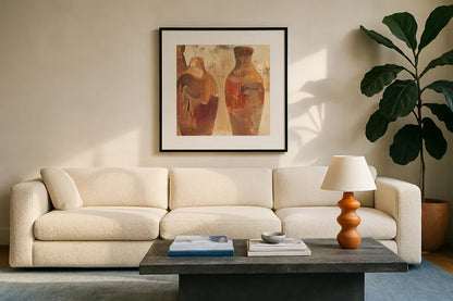 Southwestern Vessels II by Albena Hristova. Displayed in a glass frame with matte in a clean modern living room. Available as an archival giclee rolled canvas, fine art paper, or poster print. SKU 25636a.