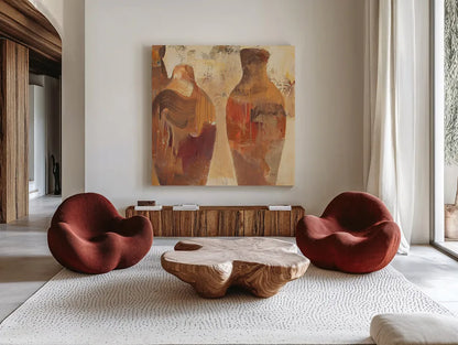 Southwestern Vessels II by Albena Hristova. Shown as extra-large giant wall art in a modern living room. Available as an archival giclee rolled canvas, fine art paper, or poster print. SKU 25636a.