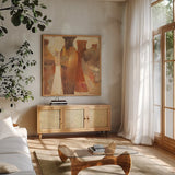 Southwestern Vessels III by Albena Hristova. Shown in a natural wood frame in a cozy modern living room. Available as an archival giclee rolled canvas, fine art paper, or poster print. SKU 25637a.