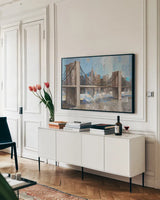 Spanning the East River by Albena Hristova. shown as a framed stretched canvas in a living room above a console. Available as a archival giclee rolled canvas, fine art paper, or poster print. SKU 11852i.