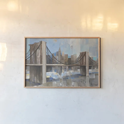 Spanning the East River by Albena Hristova. shown as a paper print in a natural frame. Available as a archival giclee rolled canvas, fine art paper, or poster print. SKU 11852i.