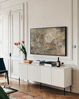Sparklers II by Albena Hristova. shown as a framed stretched canvas in a living room above a console. Available as a archival giclee rolled canvas, fine art paper, or poster print. SKU 16348i.