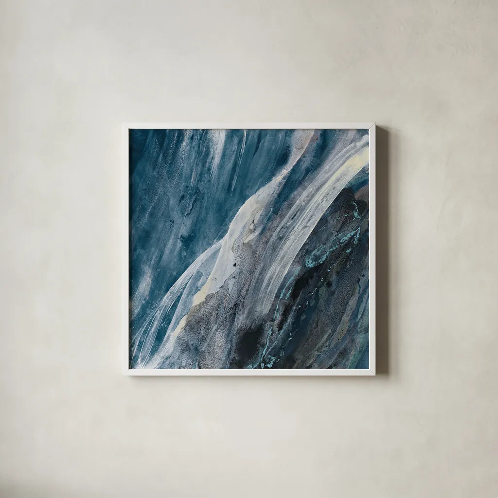 Splash Indigo by Albena Hristova. Shown in a crisp white glass frame for a clean and minimalist style. Available as an archival giclee rolled canvas, fine art paper, or poster print. SKU 26882a.