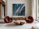 Splash Indigo by Albena Hristova. Shown as extra-large giant wall art in a modern living room. Available as an archival giclee rolled canvas, fine art paper, or poster print. SKU 26882a.