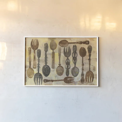 Spoons and Forks by Albena Hristova. shown as a paper print in a white frame. Available as a archival giclee rolled canvas, fine art paper, or poster print. SKU 35194i.