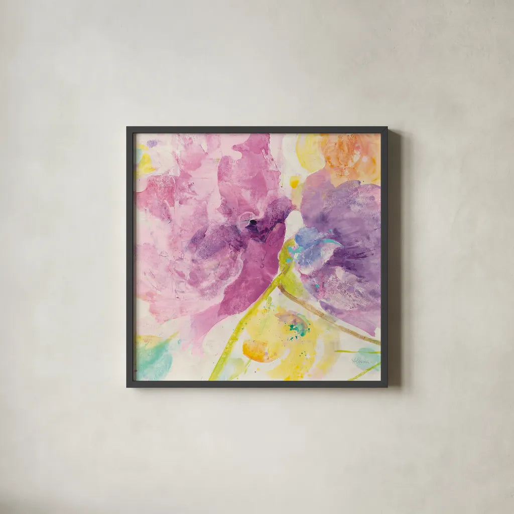 Spring Abstracts Florals I Crop by Albena Hristova. Shown in a sleek black glass frame for a contemporary gallery look. Available as an archival giclee rolled canvas, fine art paper, or poster print. SKU 34354a.