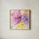 Spring Abstracts Florals I Crop by Albena Hristova. Shown in a natural wood glass frame for a timeless modern aesthetic. Available as an archival giclee rolled canvas, fine art paper, or poster print. SKU 34354a.