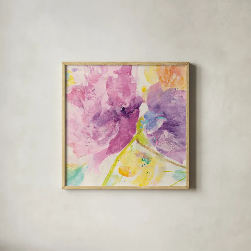 Spring Abstracts Florals I Crop by Albena Hristova. Shown in a natural wood glass frame for a timeless modern aesthetic. Available as an archival giclee rolled canvas, fine art paper, or poster print. SKU 34354a.