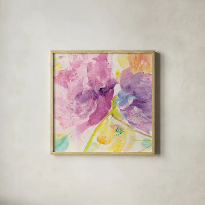 Spring Abstracts Florals I Crop by Albena Hristova. Shown in a natural wood glass frame for a timeless modern aesthetic. Available as an archival giclee rolled canvas, fine art paper, or poster print. SKU 34354a.