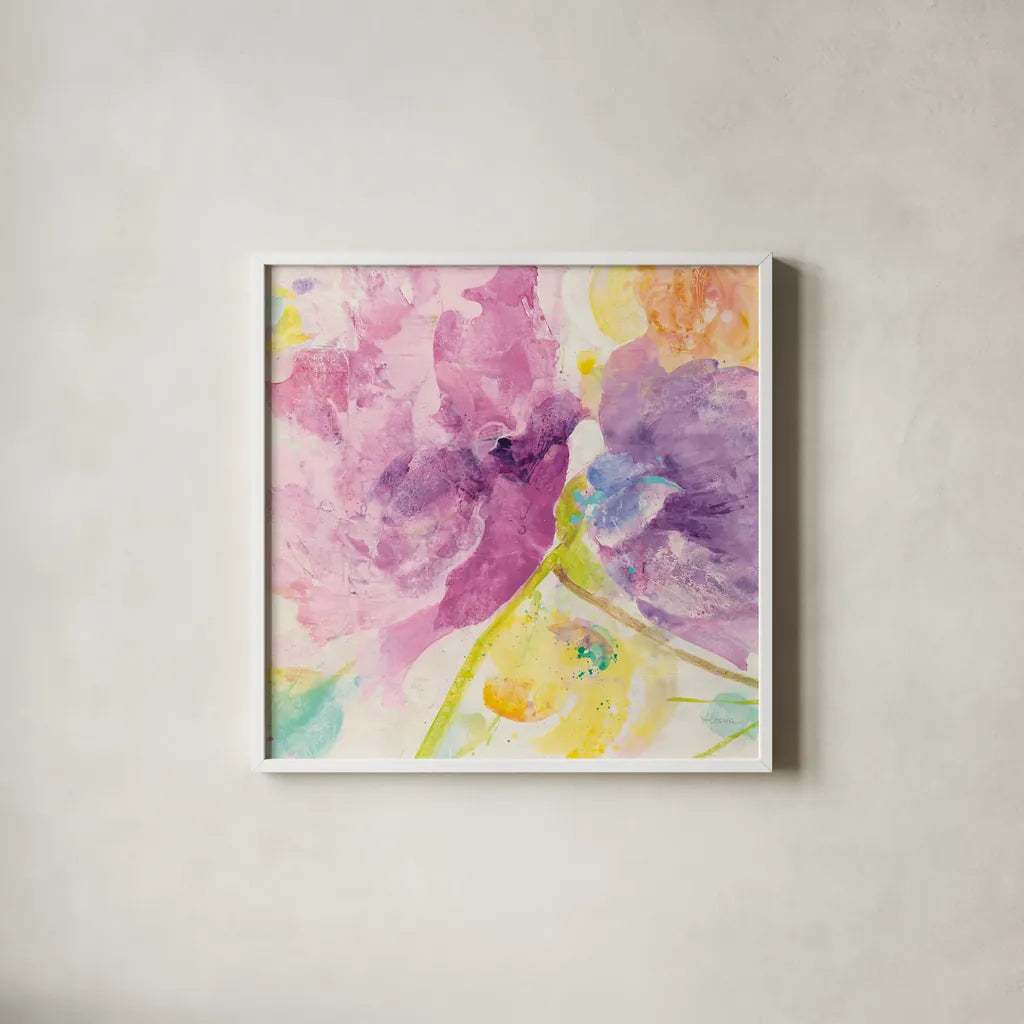 Spring Abstracts Florals I Crop by Albena Hristova. Shown in a crisp white glass frame for a clean and minimalist style. Available as an archival giclee rolled canvas, fine art paper, or poster print. SKU 34354a.