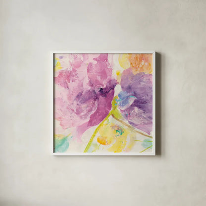 Spring Abstracts Florals I Crop by Albena Hristova. Shown in a crisp white glass frame for a clean and minimalist style. Available as an archival giclee rolled canvas, fine art paper, or poster print. SKU 34354a.