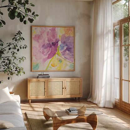 Spring Abstracts Florals I Crop by Albena Hristova. Shown in a natural wood frame in a cozy modern living room. Available as an archival giclee rolled canvas, fine art paper, or poster print. SKU 34354a.