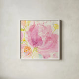 Spring Abstracts Florals II Crop by Albena Hristova. Shown in a crisp white glass frame for a clean and minimalist style. Available as an archival giclee rolled canvas, fine art paper, or poster print. SKU 34355a.