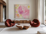 Spring Abstracts Florals II Crop by Albena Hristova. Shown as extra-large giant wall art in a modern living room. Available as an archival giclee rolled canvas, fine art paper, or poster print. SKU 34355a.