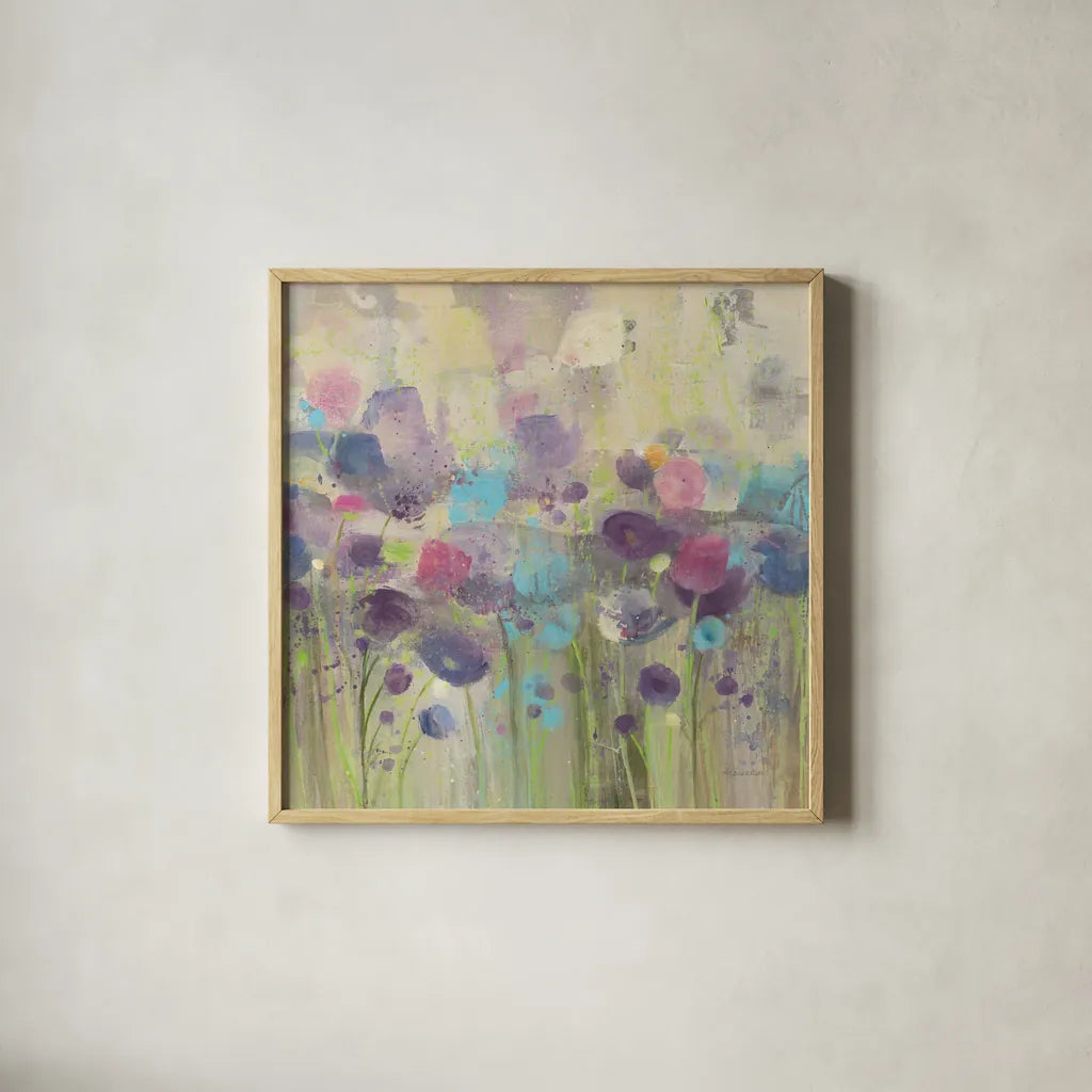 Spring Beauty Square by Albena Hristova. Shown in a natural wood glass frame for a timeless modern aesthetic. Available as an archival giclee rolled canvas, fine art paper, or poster print. SKU 19734a.