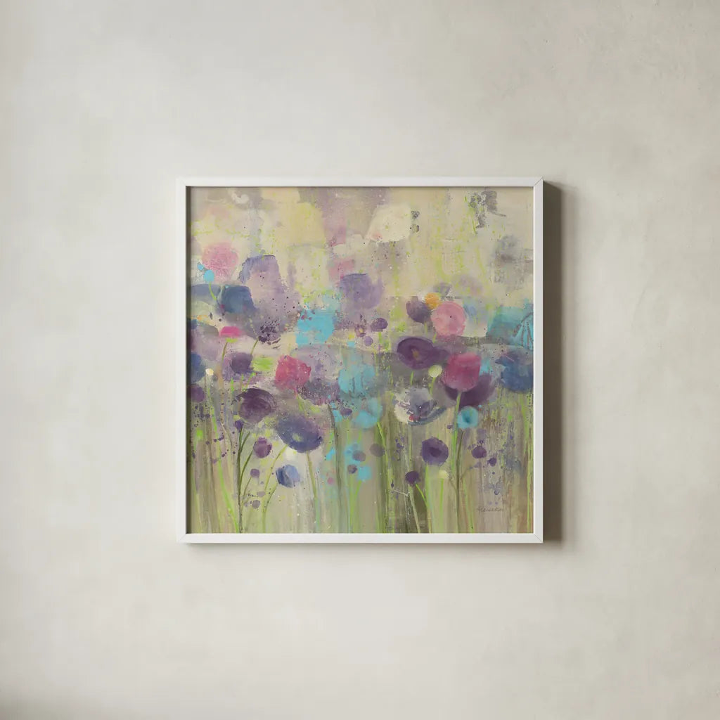 Spring Beauty Square by Albena Hristova. Shown in a crisp white glass frame for a clean and minimalist style. Available as an archival giclee rolled canvas, fine art paper, or poster print. SKU 19734a.