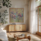 Spring Beauty Square by Albena Hristova. Shown in a natural wood frame in a cozy modern living room. Available as an archival giclee rolled canvas, fine art paper, or poster print. SKU 19734a.