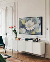 Spring Collection II by Albena Hristova. shown as a framed stretched canvas in a living room above a console. Available as a archival giclee rolled canvas, fine art paper, or poster print. SKU 55478i.