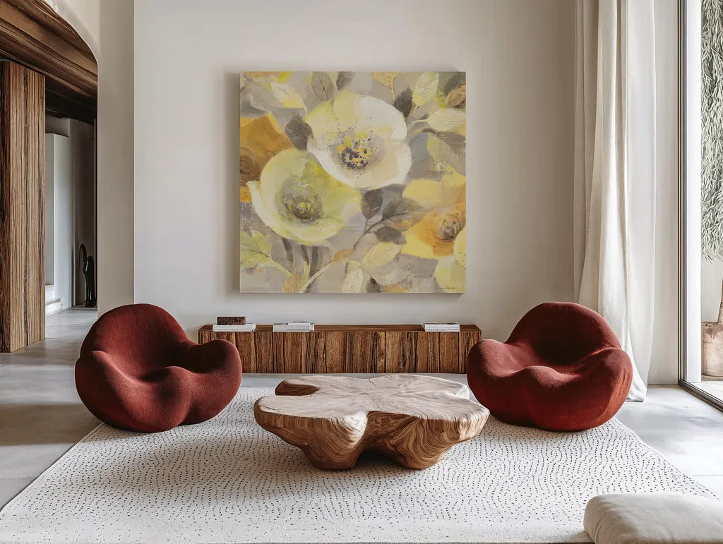 Spring Collection III Crop by Albena Hristova. Shown as extra-large giant wall art in a modern living room. Available as an archival giclee rolled canvas, fine art paper, or poster print. SKU 13900a.
