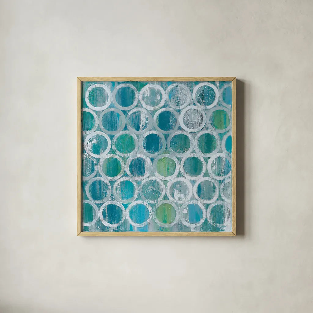 Stack of Tubes Blue by Albena Hristova. Shown in a natural wood glass frame for a timeless modern aesthetic. Available as an archival giclee rolled canvas, fine art paper, or poster print. SKU 23396a.