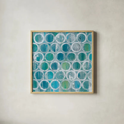 Stack of Tubes Blue by Albena Hristova. Shown in a natural wood glass frame for a timeless modern aesthetic. Available as an archival giclee rolled canvas, fine art paper, or poster print. SKU 23396a.