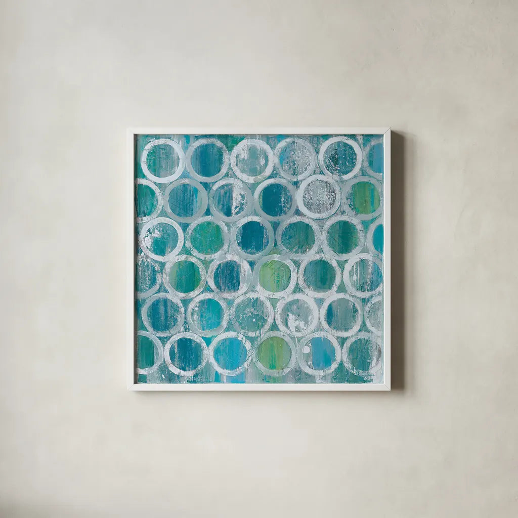 Stack of Tubes Blue by Albena Hristova. Shown in a crisp white glass frame for a clean and minimalist style. Available as an archival giclee rolled canvas, fine art paper, or poster print. SKU 23396a.