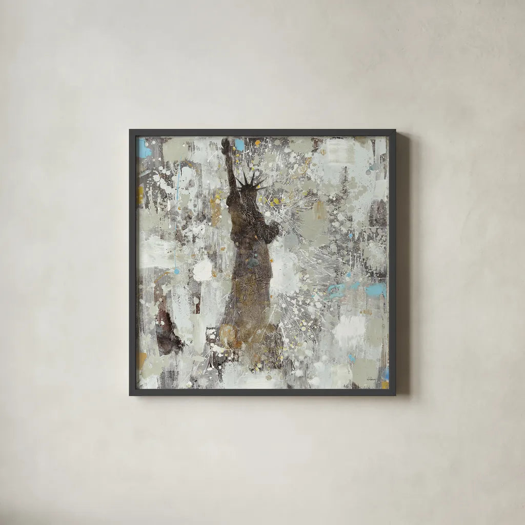 Statue of Liberty Neutral by Albena Hristova. Shown in a sleek black glass frame for a contemporary gallery look. Available as an archival giclee rolled canvas, fine art paper, or poster print. SKU 16840a.