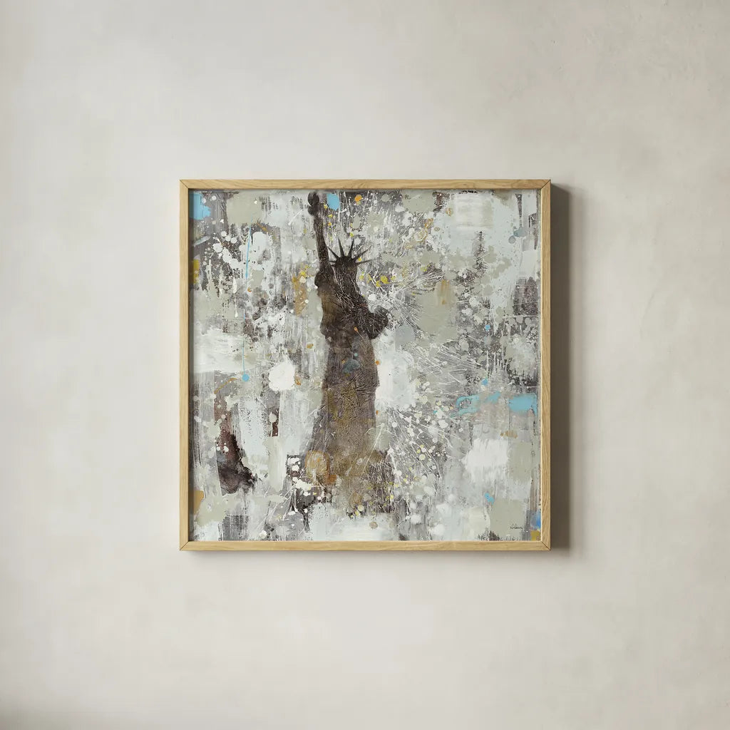 Statue of Liberty Neutral by Albena Hristova. Shown in a natural wood glass frame for a timeless modern aesthetic. Available as an archival giclee rolled canvas, fine art paper, or poster print. SKU 16840a.