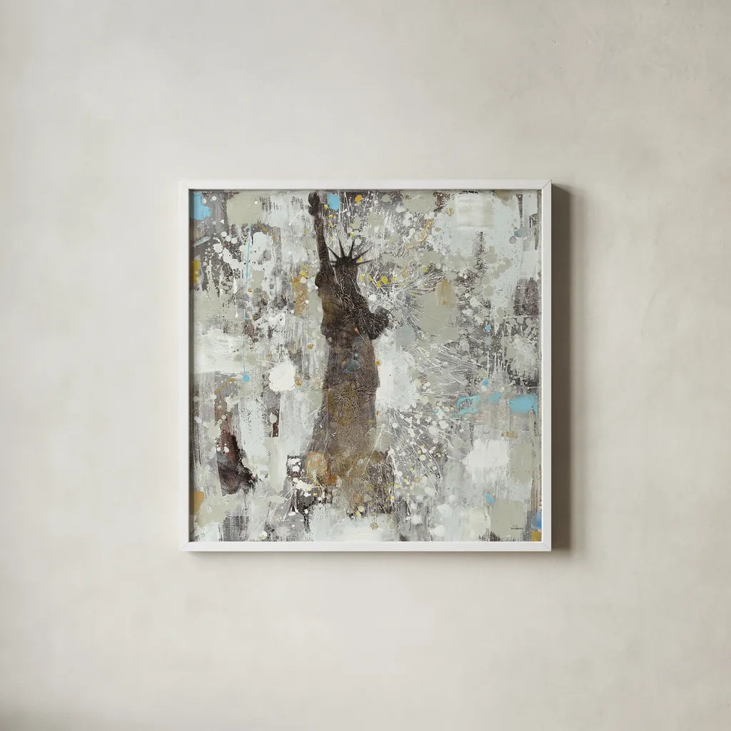 Statue of Liberty Neutral by Albena Hristova. Shown in a crisp white glass frame for a clean and minimalist style. Available as an archival giclee rolled canvas, fine art paper, or poster print. SKU 16840a.