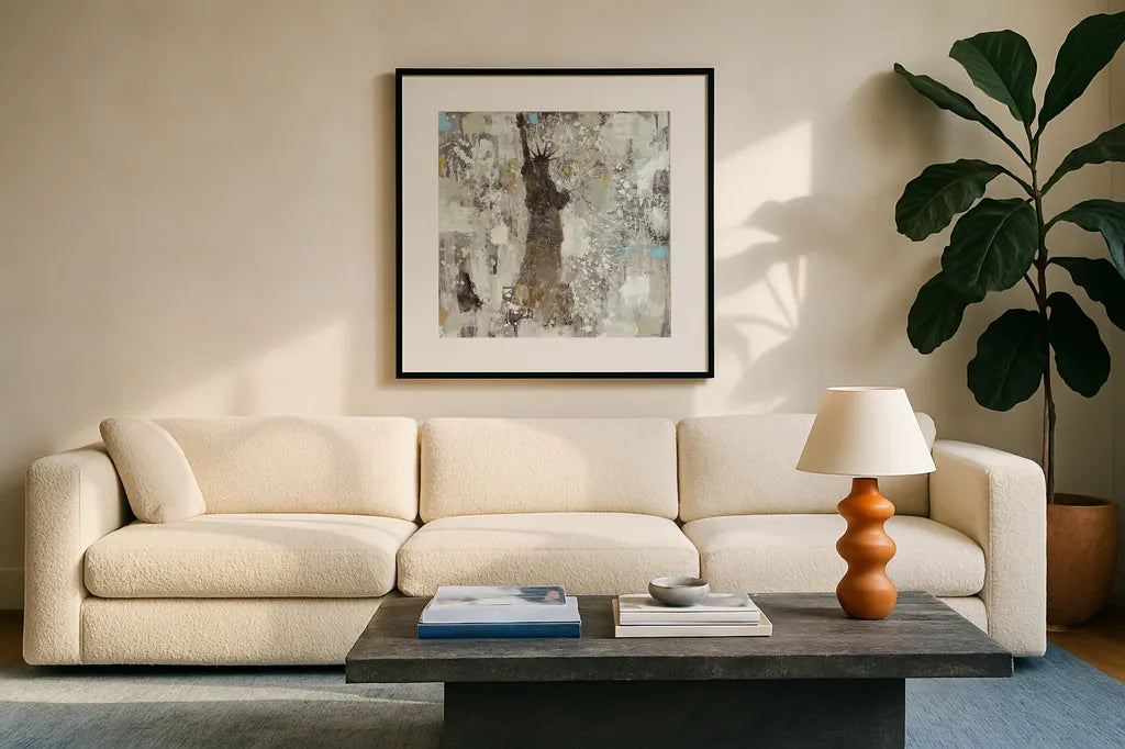 Statue of Liberty Neutral by Albena Hristova. Displayed in a glass frame with matte in a clean modern living room. Available as an archival giclee rolled canvas, fine art paper, or poster print. SKU 16840a.