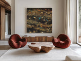 Summer Embers Square I by Albena Hristova. Shown as extra-large giant wall art in a modern living room. Available as an archival giclee rolled canvas, fine art paper, or poster print. SKU 18718a.