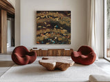 Summer Embers Square II by Albena Hristova. Shown as extra-large giant wall art in a modern living room. Available as an archival giclee rolled canvas, fine art paper, or poster print. SKU 18719a.