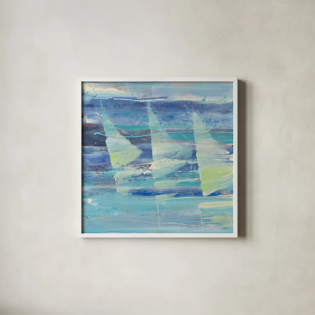 Summer Sail I by Albena Hristova. Shown in a crisp white glass frame for a clean and minimalist style. Available as an archival giclee rolled canvas, fine art paper, or poster print. SKU 18660a.