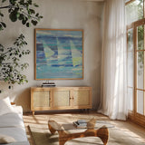 Summer Sail I by Albena Hristova. Shown in a natural wood frame in a cozy modern living room. Available as an archival giclee rolled canvas, fine art paper, or poster print. SKU 18660a.