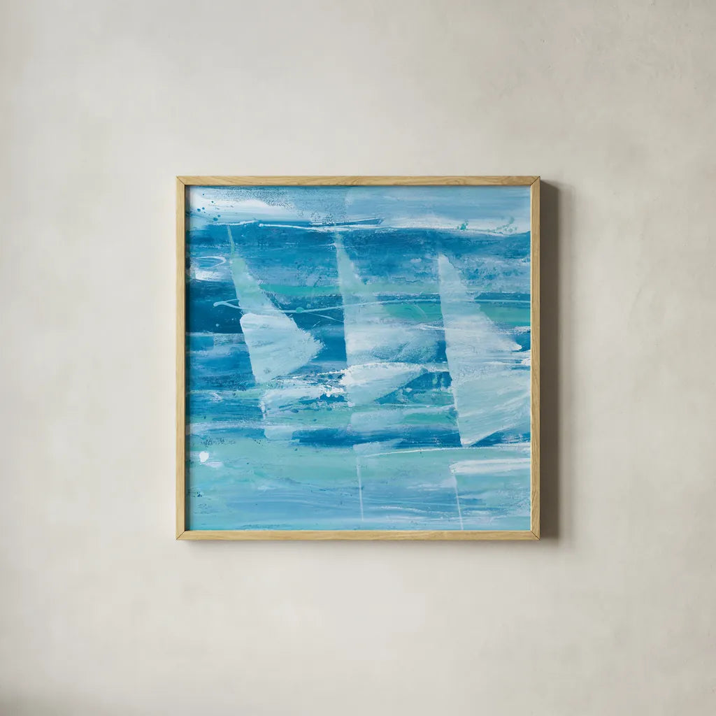 Summer Sail I Blue by Albena Hristova. Shown in a natural wood glass frame for a timeless modern aesthetic. Available as an archival giclee rolled canvas, fine art paper, or poster print. SKU 47384a.