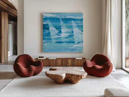 Summer Sail I Blue by Albena Hristova. Shown as extra-large giant wall art in a modern living room. Available as an archival giclee rolled canvas, fine art paper, or poster print. SKU 47384a.